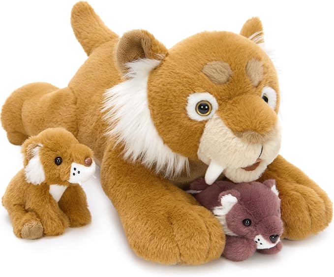 Tezituor Tiger Stuffed Animal,Tigers Plush Toys Set,17.7in Large Mommy Smilodon with 2 Babies,Realistic Wild Saber Tooth Tigers Plushie Stuffy Gift for Kids Boys Girls Easter Valentines Christmas