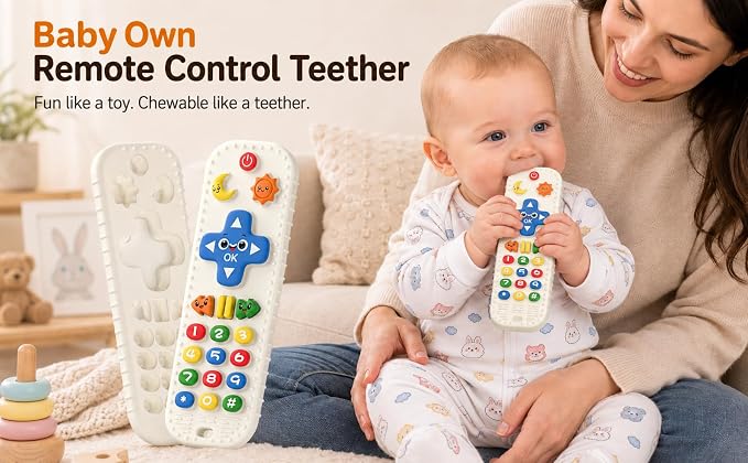 Baby Teething Toys Silicone Baby Remote Teether Over 3 Months - Baby Essentials Sensory Chew Toys - Baby Teether for Teething Relief - BPA Free Infant Toys Baby Shower Gifts (1, White)