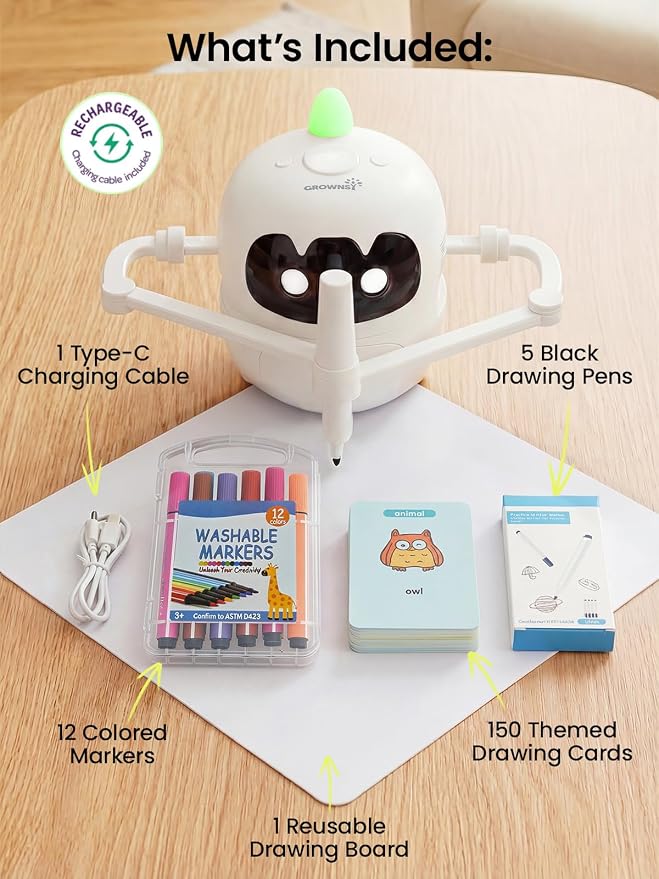 Grownsy Smart Drawing Robot for Kids, Light & Voice Guidance Education Toy with Scan, Doodle Bot with 150 Word Cards & 12 Color Pens, Montessori Painting Learning Toys for Kids Ages 3โ8, Birthday Gift