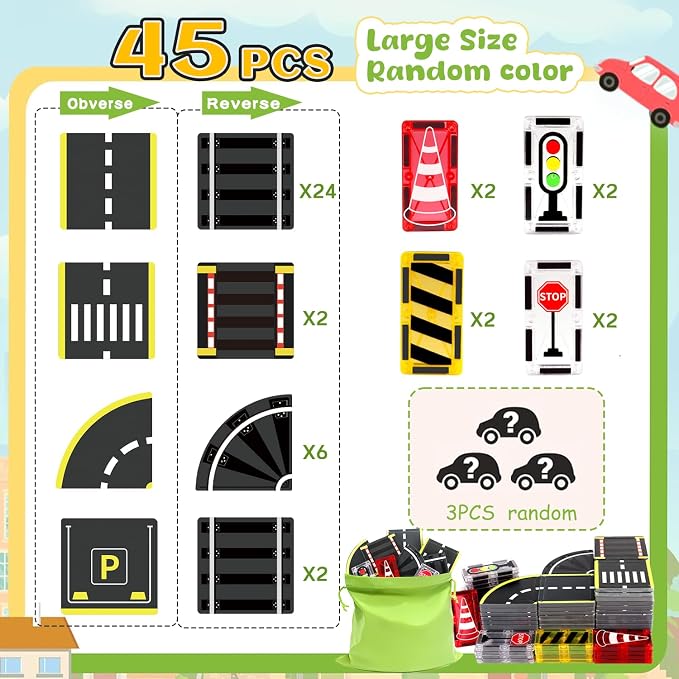 Magnetic Tiles Road Set, 26Pcs Large Double Sided Magnetic Blocks with Pullback Cars & Traffic Signs, STEM Toys for Kids Ages 4-8, Creative Gifts for 3+ Years Old Boys Girls