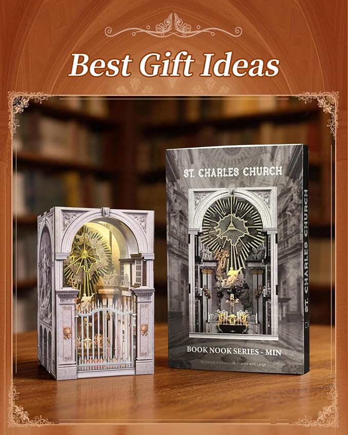 CCCDF DIY Book Nook Kit, Wooden Miniature Dollhouse with LED Light & Dust Cover, 3D Wooden Puzzle Craft for Adults, Religious Architecture Bookshelf Decor (St. Charles Church)