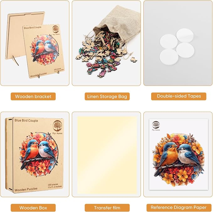Mys Aurora Wooden Puzzles for Adults, Robin Bird Couple Jigsaw Puzzles 500 Pieces, 16.2 x 16.5 Inch, Royal, Unique Shaped Round Blue Birds Puzzles for Adults and Kids, Family Game