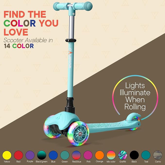 Teal Mini 3 Wheel Scooter for Kids – Lean-to-Steer Kick with LED Light-Up Wheels, Adjustable Handlebar, Wide Anti-Slip Deck, Smooth PU Wheels, Rear Foot Brake – Suitable for Ages 2+