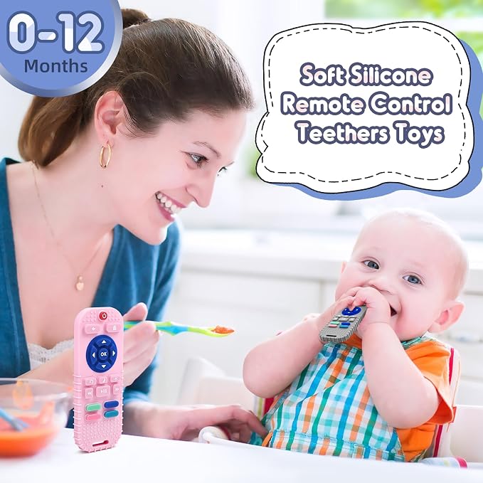 Teething Relief Teethers Toys for Babies 3 6 9 12 Months Gifts Essentials, Silicone Sensory Remote Control Baby Chew Toy for Newborn Infant Boy Girl Autism Birthday Gift, Gray & Pink