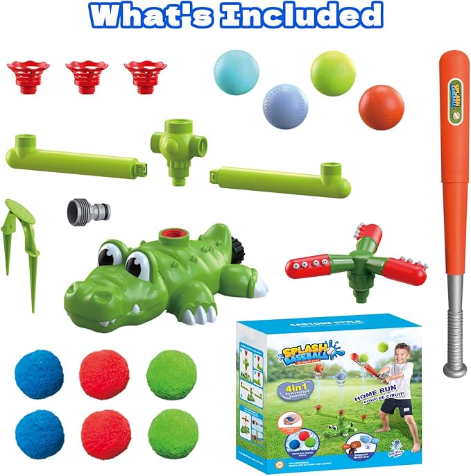 Intoypad 4-in-1 Kids Water Sprinklers T Ball Set & Water Ball Toy, Crocodile Baseball Sprinkler for Backyard Outdoor Summer Toys for Boys Girls Outside Yard Water Game Toys for Kids Toddlers Ages 3-8
