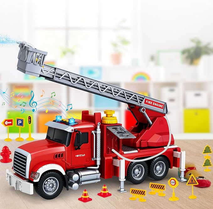 Kids Toys for 3 4 5 6 7 8 Years Old Boys, 15" Large Fire Truck Toy, Friction Powered Fire Rescue Truck Vehicle Toy with Lights and Sirens Sounds, Water Pump, Ladder, Birthday Gifts for Boys Girls
