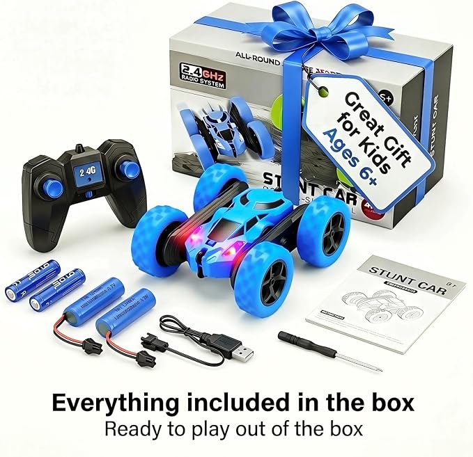 2.4GHz Remote Control Stunt Car for Boys 6-12, 360° Rotating Twin Motors Double Sided Off Road Vehicle, 4WD Rock Climbing Truck with LED Lights, 2 Rechargeable Batteries, Blue