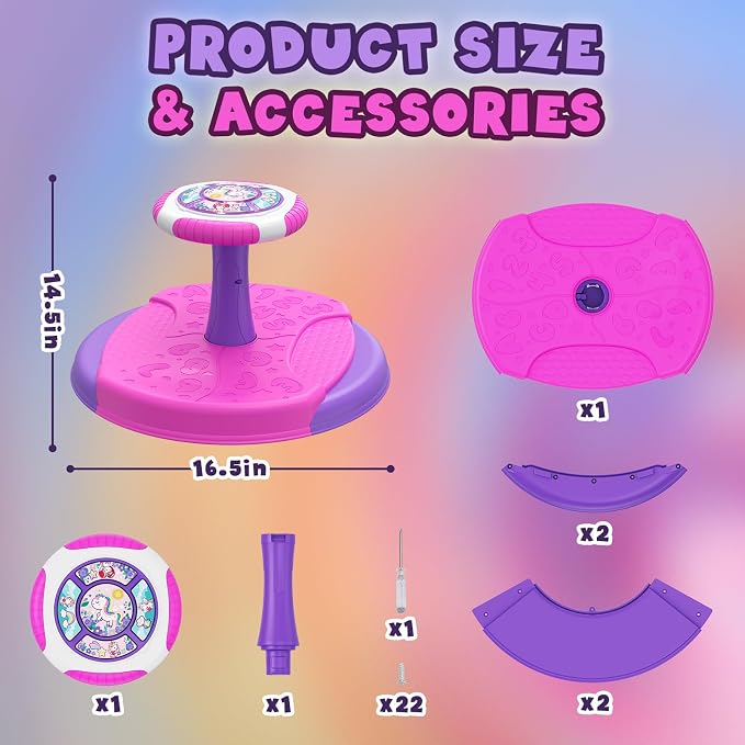 HYES Unicorn Sit and Spin Toys for Toddlers 1-3 Girls, 360° Toddler Spinning Seat with LED Lights and Music, Sensory Toys Birthday for Kids 3-5