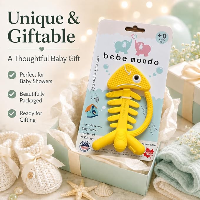 3 in 1 Infant Toys, Baby Teething Toys 3–6 6–12 Months, Teethers for Babies 0–3–6–12 Months for Teething Relief, Baby Gift, Baby Teether Toys, Silicone Sensory Toys, USA Patent Pending, Fish (Yellow)