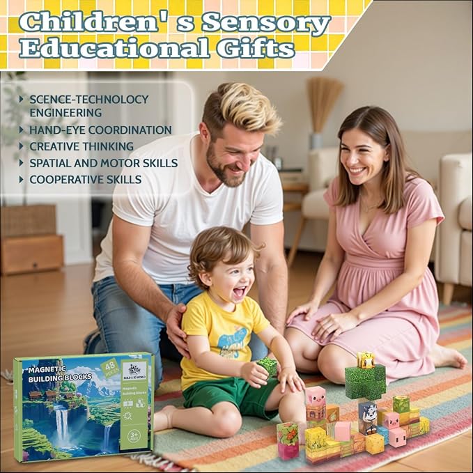 Magnetic Blocks, 48PCS Magnetic Tiles Building Blocks, Magnet Cubes STEM Sensory Game Toys Christmas Birthday Gifts for Kids Girls Boys Age 3+ (Piggy Forest)