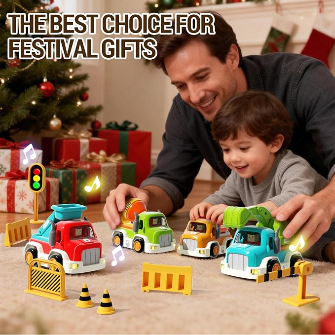 soi-meme 11-Pack Car Toys for Toddler 1-3,Push-and-Go Friction Powered Cars with Lights & Music,Truck Roadblock Toys Set,Baby Boy car Toys for 6-9-12-18 Months,for Kids Boy Birthday Gifts