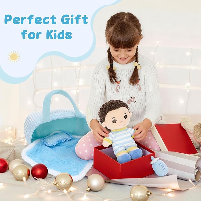 MaoGoLan 6Pcs Blue Baby Doll Set, 11'' Baby Doll Accessories, Soft Plush Doll with Portable Bassinet, Blanket, Bottle & Clothes, Pretend Play Set, Ideal Valentine Christmas Birthday Gift for Boys