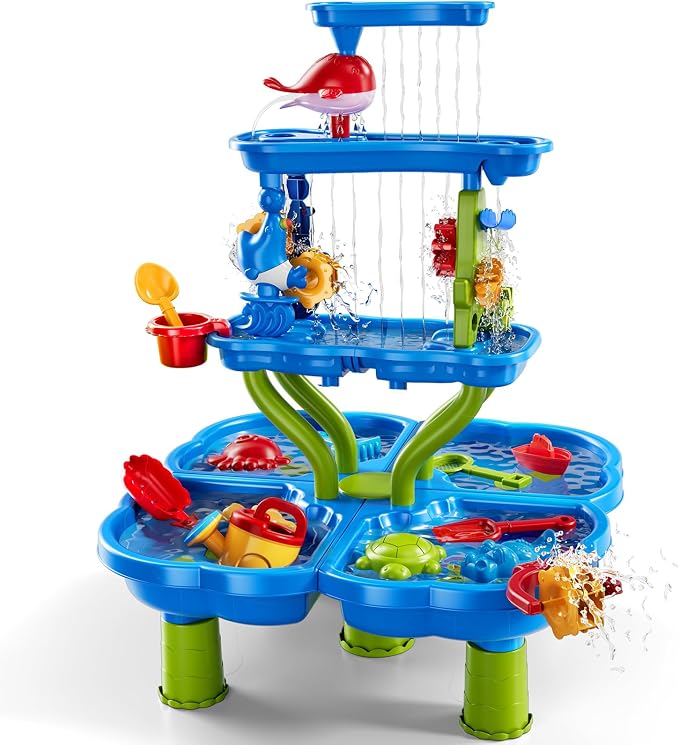Water Table for Toddlers 1-3 3-5, 4-Tier Water Table for Kids with Sand Beach Toys, Water and Sand Sensory Table Beach Outdoor Birthday Gifts Toys for Kids Toddlers Age 3 4 5 6 7 8 Boys Girls