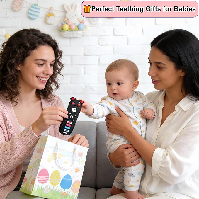 3-Pack Baby Teething Toys, BPA-Free Silicone Baby Remote Control Teething Toy for 3-18 Months, Toy Remote for Baby, Teething Relief Newborn Remote Shaped Toy (Black&Pink&Pig Black)