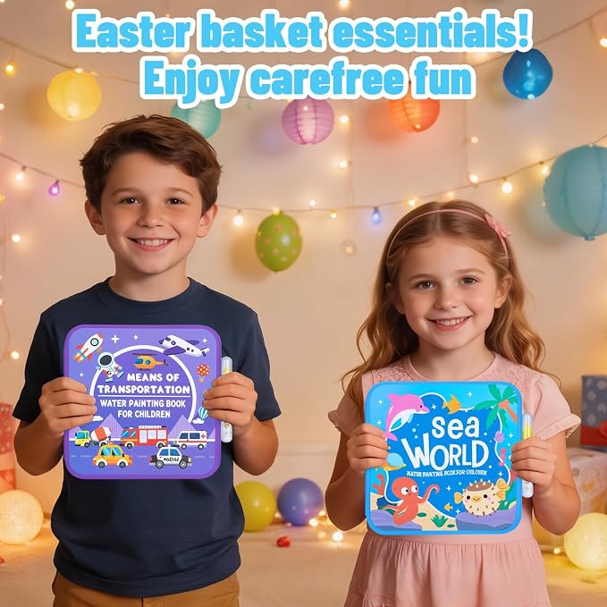 Reusable Water Coloring Books for Toddlers 1-3, Mess-Free Water Painting Book Set With Water Pens(Airplane & Dinosaur) Travel Art Craft Activity Toys for Girls Boys Ages 3+, Birthday Gifts - 4PCS