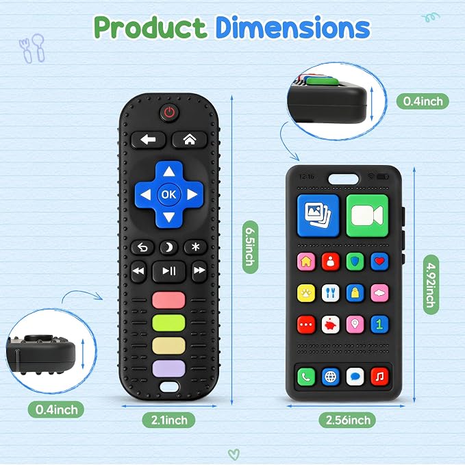 2 Pack Baby Teething Toys 3-6 Months, Silicone Phone and Remote Teether Toys for Baby 6-12-18 Months, Sensory Chew Toys, BPA Free Infant Teething Relief for Boys Girls, Baby Birthday Shower Gifts