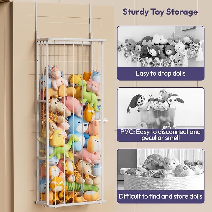 SWTYMIKI Hanging Stuffed Animal Storage - Over Door Large Plush Toy Organizer, Wall Mounted or Corner Stuffie Storage for Nursery, Doll & Bear Plush Organizer for Kid Room Bedroom (White, 3-Tier)