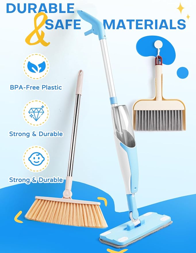 Kids Cleaning Toy Set,Blue Spray Mop Montessori Toys-Kids Cleaning Toy Set,Mini Spray Mop Montessori Toys Spray Mop & Kids Broom Dustpan Set Cleaning Toys Gift for Toddlers Girls Boys Age 3+