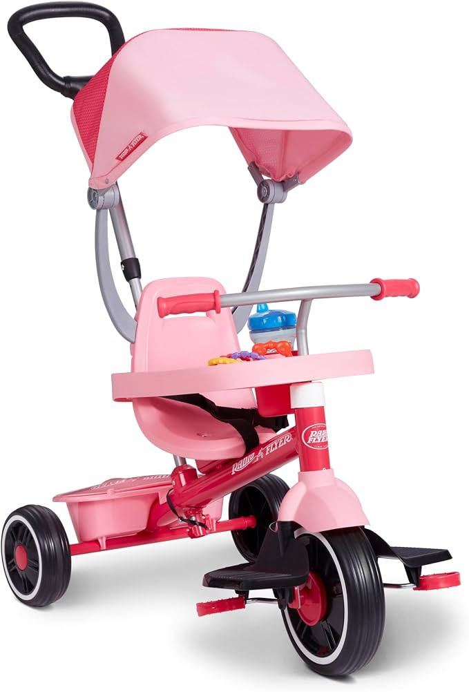 Radio Flyer 4-in-1 Stroll 'N Trike, Ages 1-5, Toddler Tricycle & Stroller, Foam Tires, Push Handle, UV Canopy, Removable Tray, Seatbelt, Amazon Exclusive