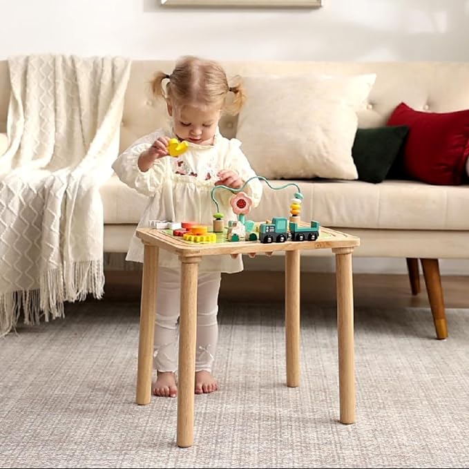 3-in-1 Baby Activity Table for 18-36 Months Old Kids Wooden Activity Center Sensory Play Table for Toddlers with Bead Maze Shape Sorter Montessori Toys Sand Table Must Have Birthday Gift for Girls Boy