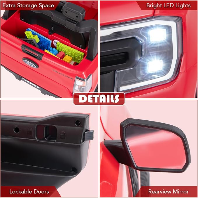 Licensed Ford Ranger Ride on Pickup Truck by INFANS, 12V Battery Powered Electric Vehicle for Kids with Remote Control, Headlight, Power Display, Bluetooth, MP3, Music, Aged 3-6 Years (Red)