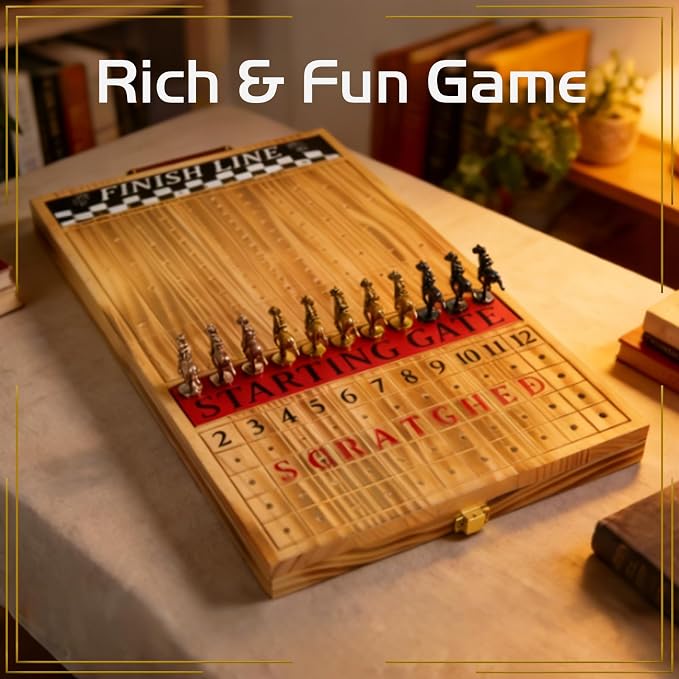 Jyquorp Horse Race Board Game, Solid Wood Foldable Racing Board with 11 Metal Horses, 2 Dice and 2 Boxes of Cards, Portable Travel Game for Family Parties and Holiday Gatherings