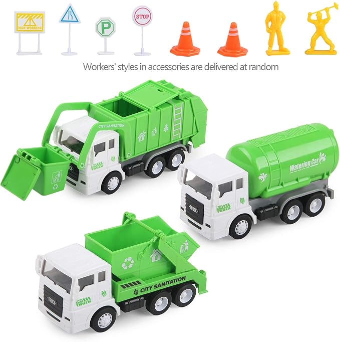 FIVEDAOGANG Toy Vehicles Set 3 Pack Sanitation Truck Car Model Garbage Trucks Water Tanker Playset with 8 Signpost Friction Power for Boys Age 3+ Toddlers Kids Holiday Birthday Gift Children