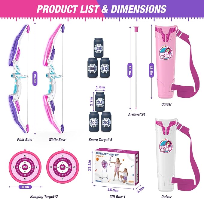 HYES 2 Pack Bow and Arrow for Kids, LED Light Up Archery Set with 24 Suction Cup Arrows, 2 Hanging Targets, 6 Score Targets & 2 Quiver, Indoor Outdoor Sport Toys for Girls Ages 4-12