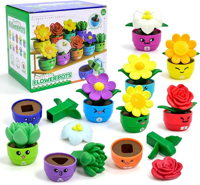 Montessori Flower Garden Building Toy for Girls & Boy, Toddler Gardening Set with 10 Shape & Number Flowers, Preschool Learning Matching & Stacking Game, Sensory Toys Gifts for 1 2 3 Year Old