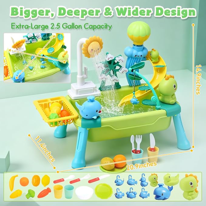 CUTE STONE Toddler Water Table for Kids, Kitchen Sink Toy with Running Water & Fishing Game,Water Play Table for Backyard Beach Pool, Summer Gifts for Boys Girls-Dinosaur