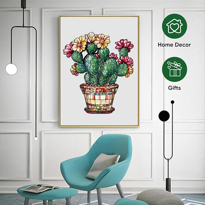 Delobil Stained Glass Cactus Wooden Puzzles for Adults, 200 Pieces Jigsaw Puzzles, Unique Shaped Medium Size Wood Puzzle Gift for Adults and Kids, Family Game 11.3'' x 13.2''
