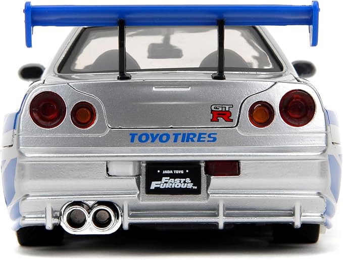 Jada Toys Fast & Furious Brian’s 2002 Nissan Skyline R34 Die-cast Car, 1:24 Scale, Silver & Blue