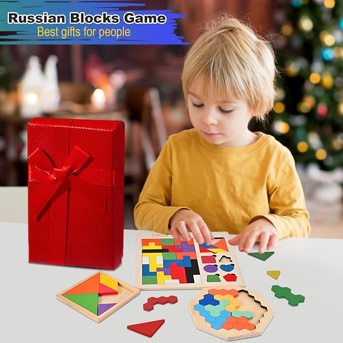3 PCS Wooden Blocks Puzzles, 3-in-1 Russian Blocks Puzzle, Octagon Puzzle, Tangrams Puzzles, Brain Teaser Puzzles Game, Montessori STEM Educational Toys Gifts for Kids and Adults
