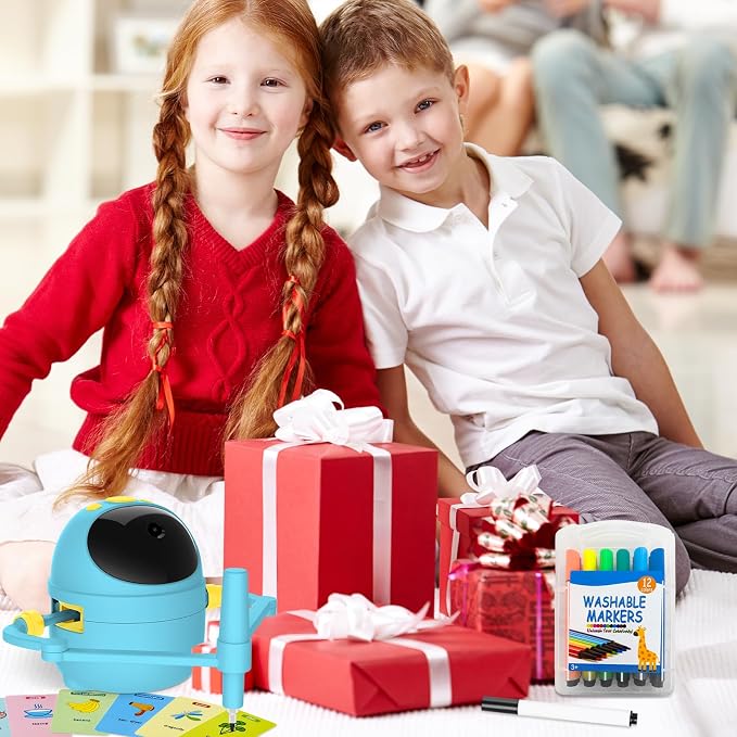 Drawing Robot for Kids with Card-Sensing Camera, 150 Learning Cards and 17 Colored Pens, Smart Painting Art Machine with Voice Guide for Boys Girls, Step-by-Step Auto Drawing for STEM Early Learning