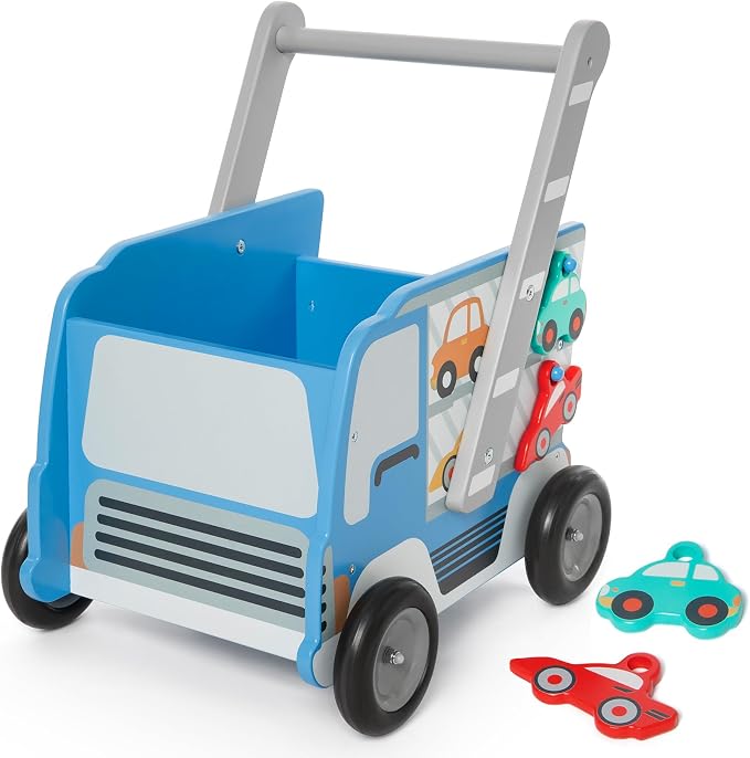 labebe Baby Wooden Learning Walker, 2-in-1 Toddler Push & Pull Toys Stroller Pushing Walker, Infant Sit to Stand Wood Walker Wagon, Transfer Cart Toy for Girls & Boys 1-3 Years Old Kids, Blue