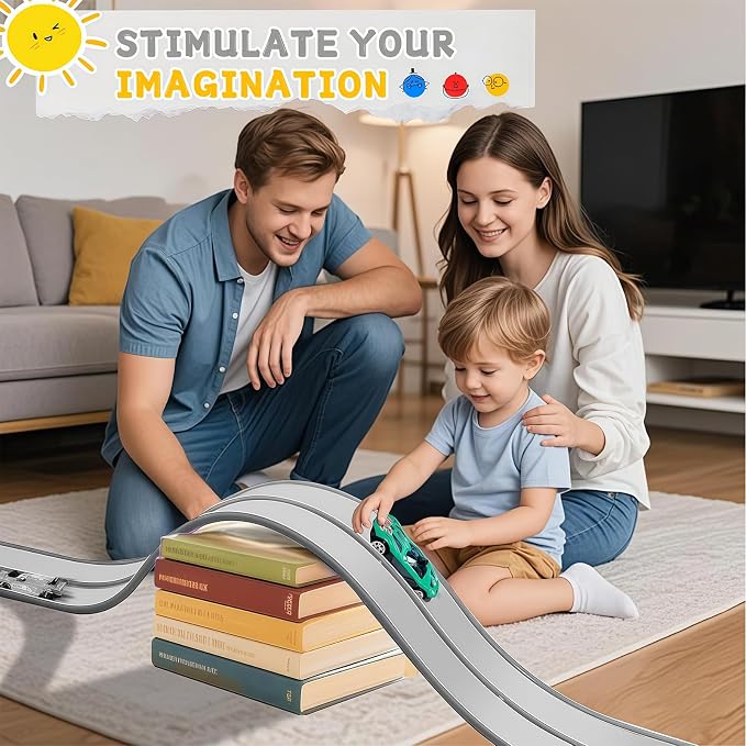Flexible Race Track for Kids, 16 Ft Flex Race Car Ramp Track with Racing Cars Track Toys Compatible with Diecast 1/64th Hot Wheel Cars Rolls up Portable Car Ramp Toys for Boys and Girls Ages 3+ -