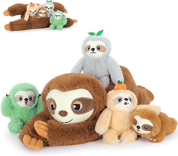 Tezituor Sloth Stuffed Animal Set, 23.6 Inch Giant Mommy Sloth Plush with 4 Baby Sloths, Large Soft Sloth Toy for Kids Adults,Sloth Plushies,Christmas Birthday Valentineās Day