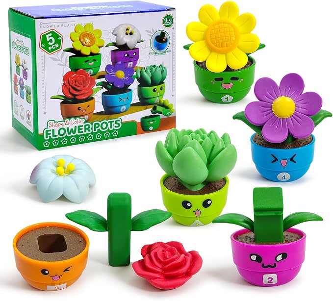 Montessori Flower Garden Building Toy for Girls & Boys, Toddler Gardening Set with 5 Shape & Number Flowers, Preschool Learning Matching & Stacking Game, Sensory Toys Gifts for 1 2 3 Year Old