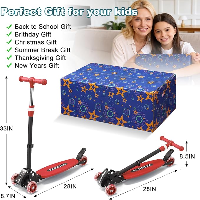 3 Wheel Kids Kick Scooter for Ages 3-12, Lean-to-Steer, Light-Up Wheels, 3-Level Adjustable Handlebar 27.5”-33”, Wide Non-Slip Deck, Dual Rear Brake,Travel Foldable, for Boys & Girls Toy Gifts
