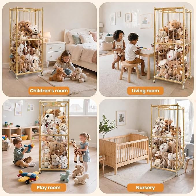 Large Stuffed Animal Storage with Wheels, 66IN Wood Plush Toy Storage 550L, Kids Plushies Storage with Thicker Elastic Band, Stuffed Animal Organizer for Playroom, Bedroom, Nursery