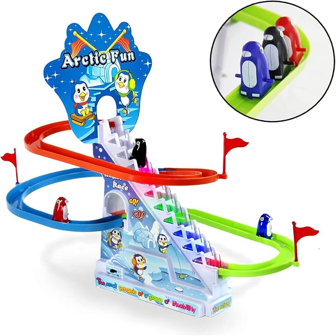 Arctic Fun Penguin Slide Toy Set: Playful Stair Climbing Penguins with Sliding Tracks, Music On/Off Switch for Quiet Play | Interactive Penguin Toy for Kids Toddlers Boys & Girls