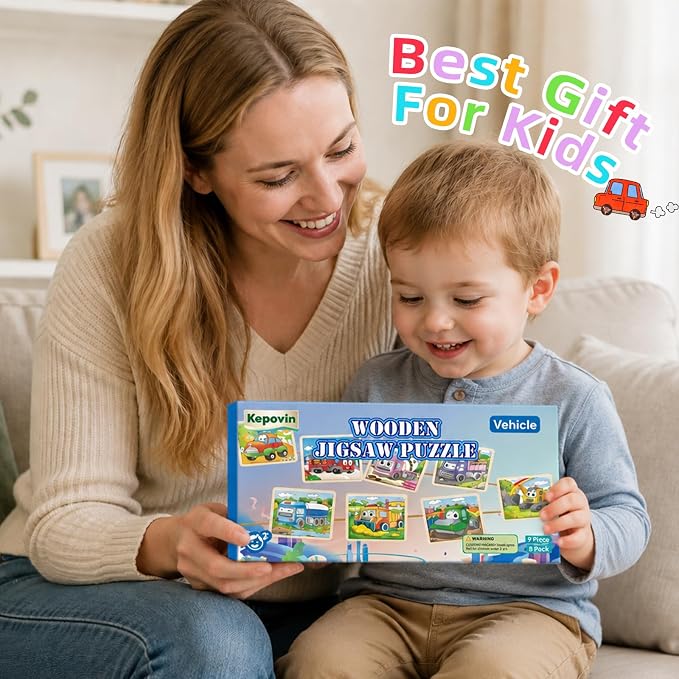 Wooden Puzzles for Toddlers 2-4, 8 Pack Vehicle Car Construction Jigsaw Puzzles for Kids Ages 3-5, 9 Pieces Puzzles for Kids Ages 4-6 Preschool Educational Toys Gift for Boys Girls