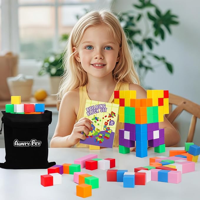 AuntyFey 32 Pcs Building Blocks Cubes Blocks for Kids, Learning Educational Stem Blocks for Kids Ages 4-8