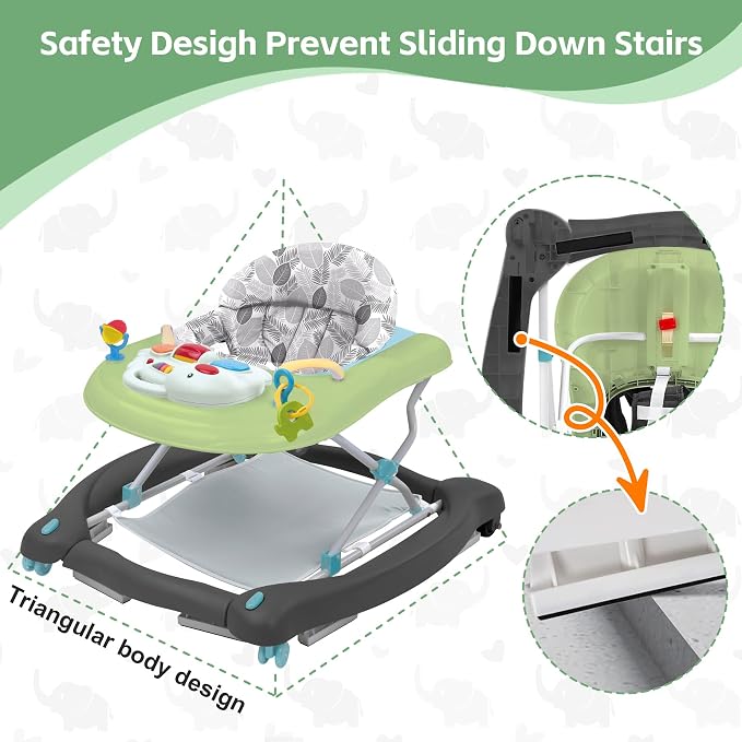 Pawtong Foldable Baby 5-in-1 Activity Walker - Rocker, Activity Center, Bouncer, Seat Walker, Push Walker - Adjustable Speed Rear Wheels and Height Toys Ages 6-18 Months… (Green)