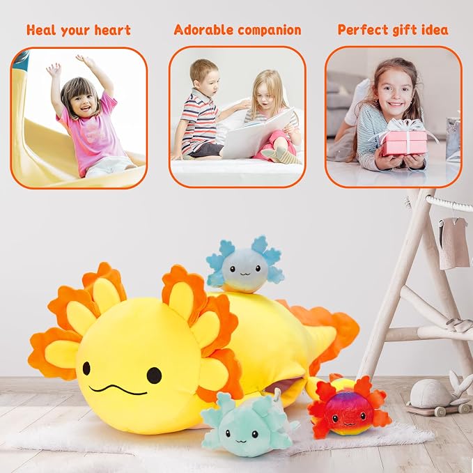 MaoGoLan 4Pcs Giant Axolotl Plush with 3 Babies Inside-23.5" Large Ultra Soft Axolotl Stuffed Animals Throw Pillow-Squishy Stuffed Axolotl Plush Collection Gift for Axolotl Lover,Kids,Teens,Yellow