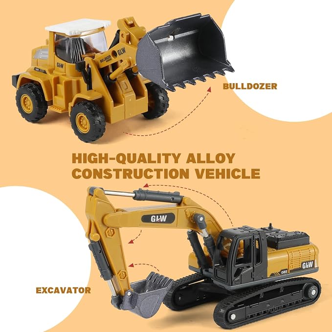 Kids Construction Truck Vehicles Toys 3 Set, Inertial Driving Metal Semi Truck Trailer and Diecast Excavator Bulldozer with Lights Sounds and Movable Parts Learning Toys Gift for Boys