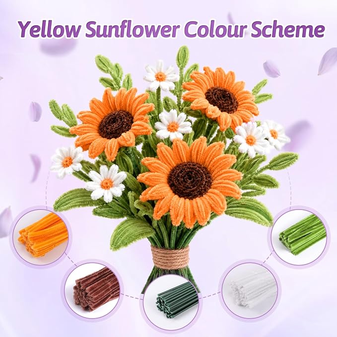 OneAmg 800PCS Pipe Cleaners Craft Kit with 14 Colors,DIY Flowers Making Set | Chenille Stems for DIY Flower Making Kit with Instructions,Floral Wires,Stamen& Ribbon,Art and Craft Supplies