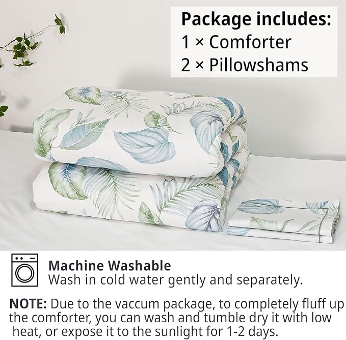 LEMIROE Botanical Cotton Comforter King Size - Sage Green Comforter Printed with Leaves & Ferns on White,Reversible Light-Weight Bedding Sets 3Pcs(Leaves,104"×90")