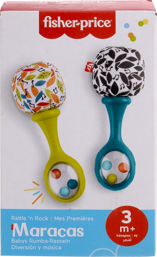 Fisher-Price Newborn Toys Rattle ‘n Rock Maracas, 2 Soft Musical Instruments for Developmental Play Babies Ages 3+ Months, Neutral Colors (Pack of 6)