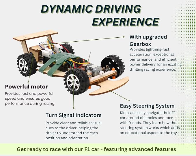 Wooden Wireless Remote Control F1 Racing Car Science Kit to Build (Green), STEM Project for Kids Aged 8 9 10 11 12 13, Science Building Kit Gift for Boys and Girls
